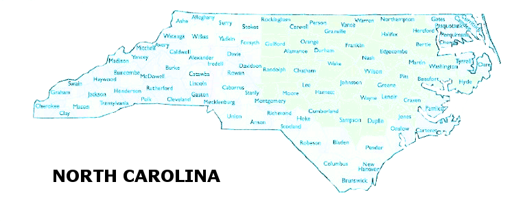 
NC (North Carolina) counties...
Alamance County, Beaufort County, Bertie County, Caswell County, Chatham County, Craven County, Cumberland County, Durham County,  Duplin County, Edgecombe County, Franklin County, Granville County, Greene County, Guilford County, Harnett County, Hertford County, Halifax County, Hyde County, Jones County, Johnson County, Lee County, Lenoir County, Martin County, Montgomery County, Moore County, Nash County, Northampton County,  Orange County, Person County, Pitt County,  Rockingham County, Randolph County, Sampson County, Vance County, Washington County, Warren County, Wake County, Wayne County, Wilson County, Washington...